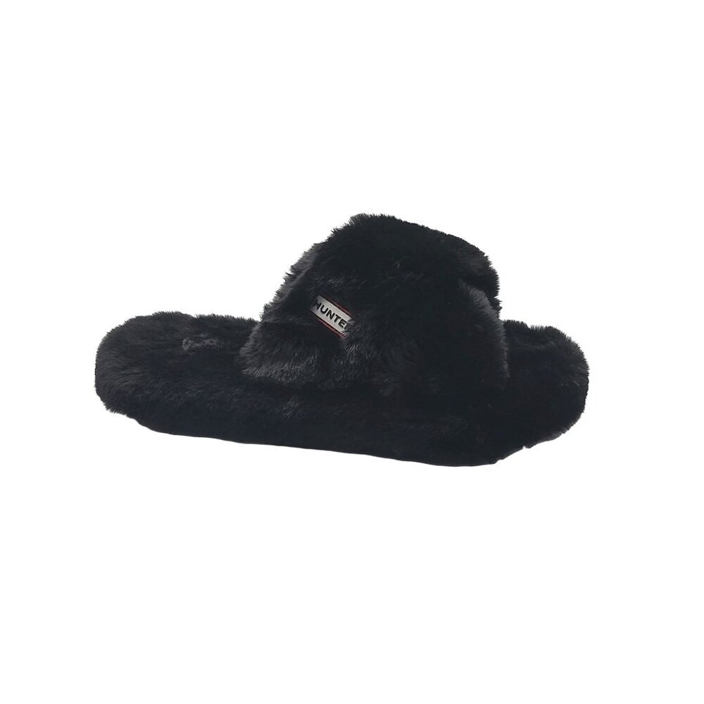 Hunter Faux Fur Flatform Crossover Black Womens Slides Slippers Size 7